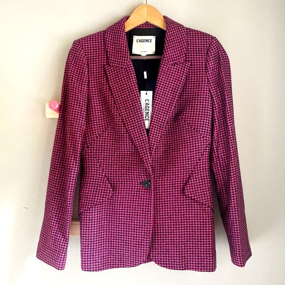 NWT Revolve L'AGENCE Chamberlain Black + Pink Houndstooth Blazer - Picture 2 of 10